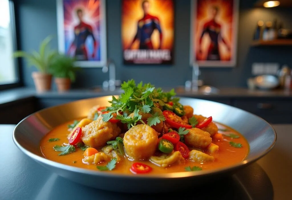 A detailed, realistic depiction of Captain Marvel Kree-ated Curry in a modern kitchen setting, showing a superhero-inspired meal with vivid colors, fresh ingredients, and a sleek presentation, highlighting the Marvel-themed culinary creation.