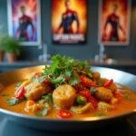 A detailed, realistic depiction of Captain Marvel Kree-ated Curry in a modern kitchen setting, showing a superhero-inspired meal with vivid colors, fresh ingredients, and a sleek presentation, highlighting the Marvel-themed culinary creation.