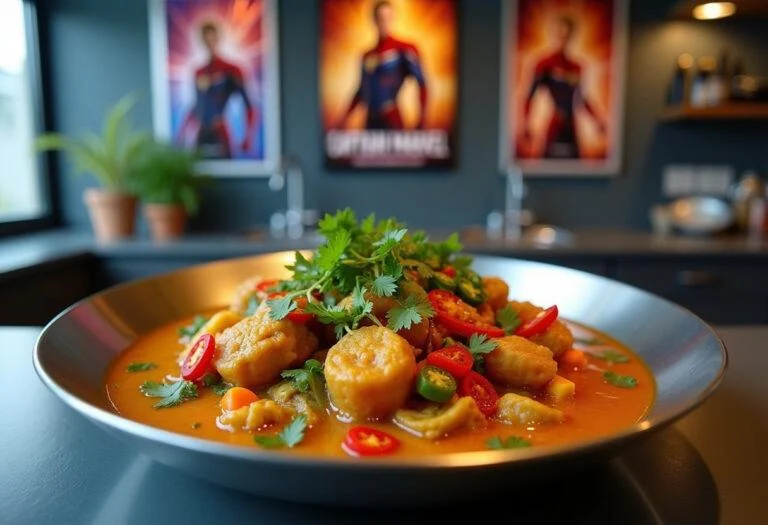 A detailed, realistic depiction of Captain Marvel Kree-ated Curry in a modern kitchen setting, showing a superhero-inspired meal with vivid colors, fresh ingredients, and a sleek presentation, highlighting the Marvel-themed culinary creation.