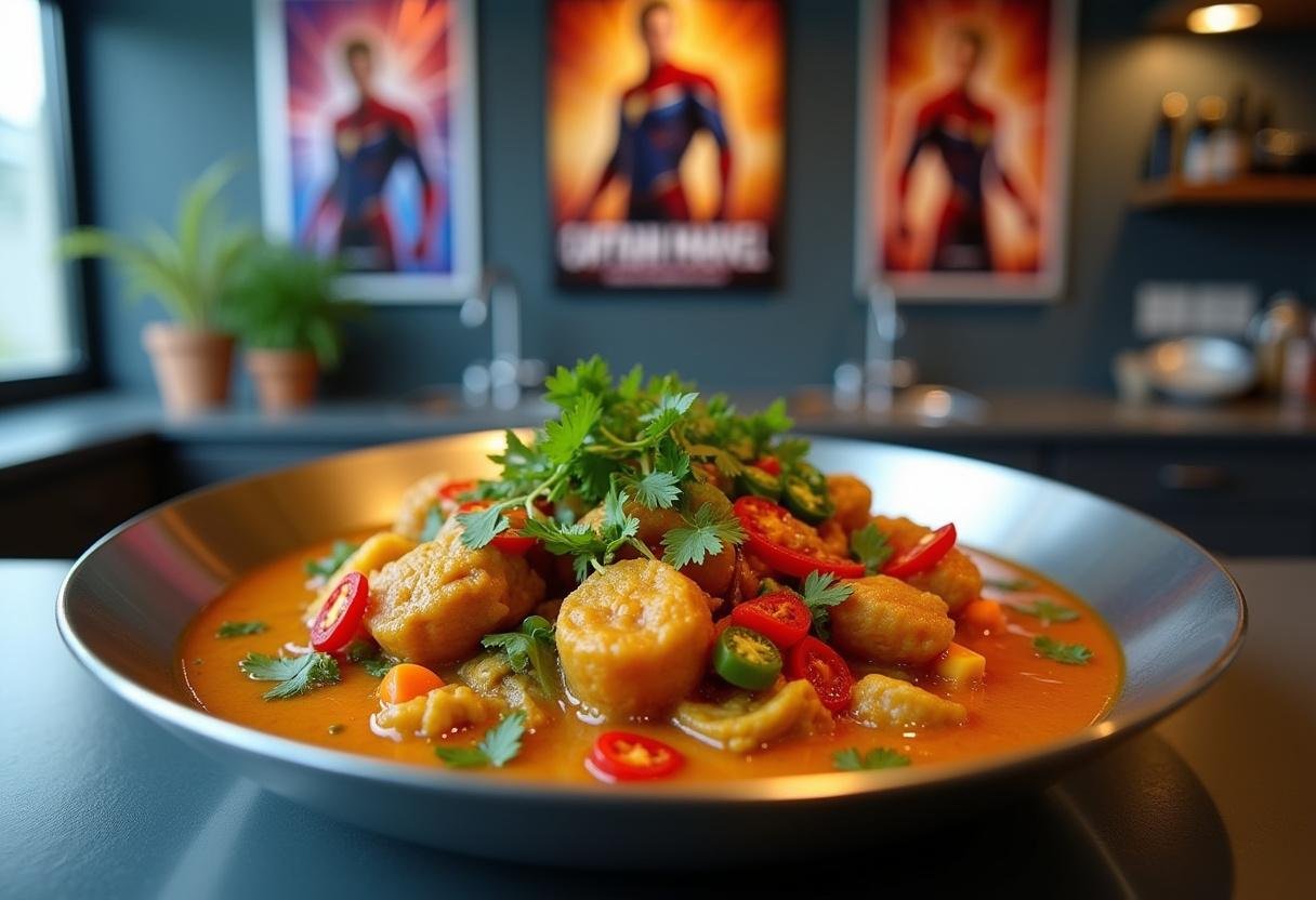 A detailed, realistic depiction of Captain Marvel Kree-ated Curry in a modern kitchen setting, showing a superhero-inspired meal with vivid colors, fresh ingredients, and a sleek presentation, highlighting the Marvel-themed culinary creation.