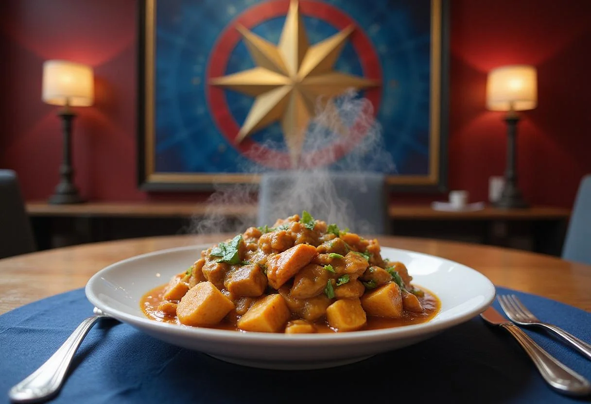 An immersive scene of Captain Marvel Kree-ated Curry served on a superhero-themed table, with detailed Marvel decorations nearby, emphasizing the dish as part of a hero's meal in the Marvel universe.