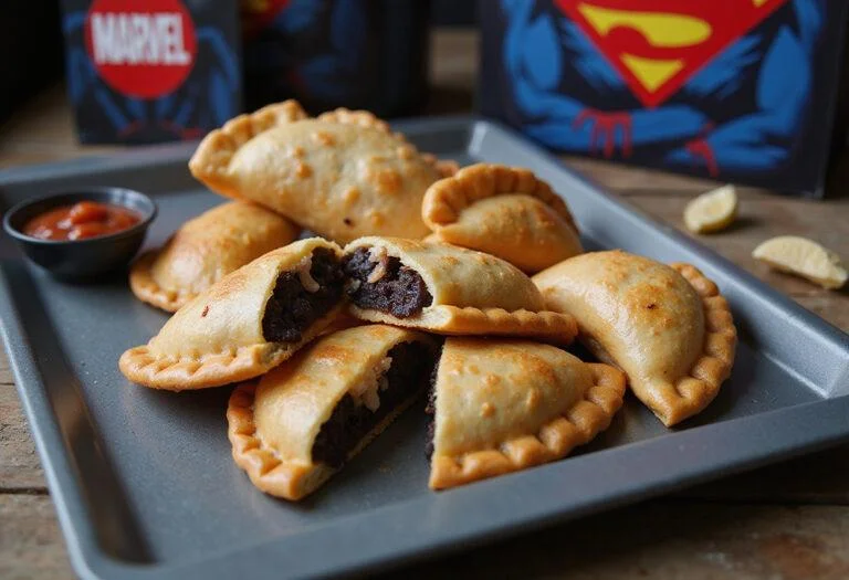 Close-up view of Marvel Cloak and Dagger Shadow and Light Empanadas on a hero-themed plate. The empanadas have a golden crust with dark and light fillings visible, set against a background with Marvel symbols and superhero accessories, emphasizing the superhero snack concept.