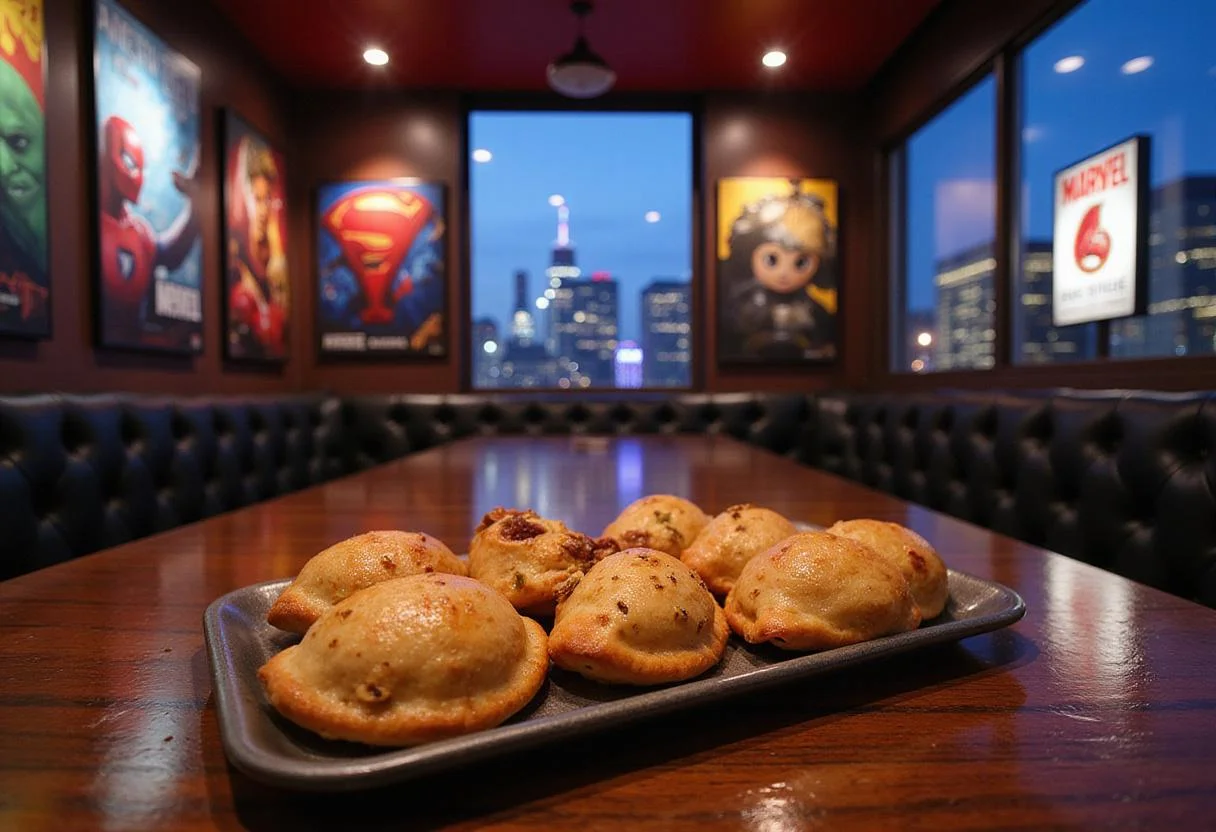 A beautifully presented platter of Marvel Cloak and Dagger Shadow and Light Empanadas, showcasing their golden-brown, flaky crusts. Accompanying them are small bowls of contrasting dips, perhaps a dark salsa for 'Shadow' and a light crema for 'Light'. The backdrop suggests a modern, stylish setting, perhaps a rooftop overlooking a city at dusk, further enhancing the Cloak and Dagger theme.
