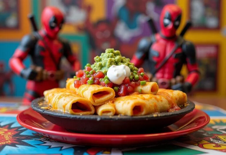 A realistic image of a Deadpool chimichanga fiesta bowl served on a superhero-themed table. The dish includes golden crispy chimichangas with melted cheese, garnished with salsa, guacamole, and sour cream, surrounded by Marvel comic book decorations and Deadpool-themed elements, creating a fun, superhero food presentation.