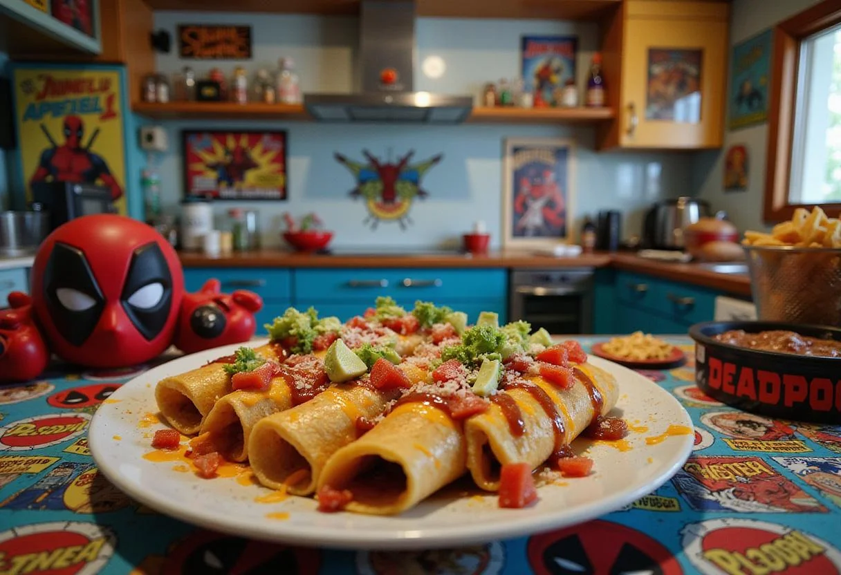 An imaginative scene in a superhero-inspired kitchen featuring a plate of crispy chimichangas topped with cheese and garnishes. The setting includes Marvel posters and Deadpool-themed decor, creating an energetic environment that celebrates superhero food and Marvel comic style.