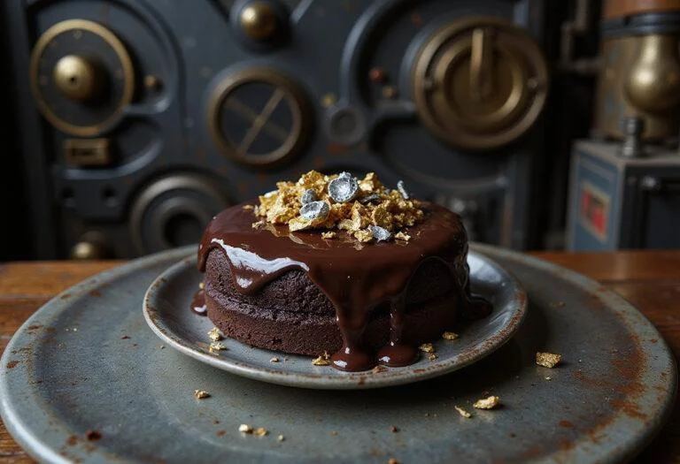 A detailed image of Marvel Doctor Doom's Doomsday Dark Chocolate Cake, showcasing a decadent dark chocolate dessert with shiny ganache, gold leaf, and metallic decorations. The cake is presented on a metal tray in a sci-fi villain's lair setting, emphasizing the dark, powerful theme of the Marvel villain.