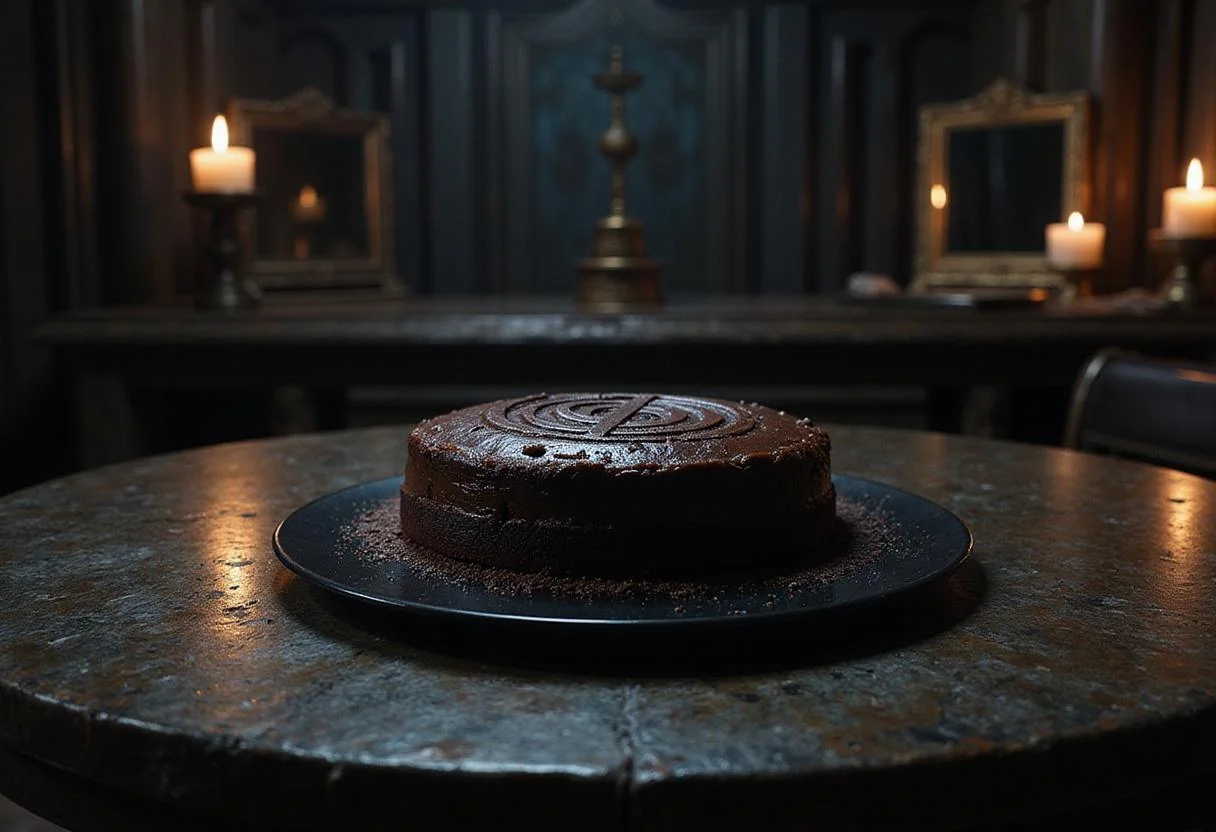 A scene inside Marvel Doctor Doom’s lair showing the dark chocolate cake on a plate, surrounded by metallic walls and ominous lighting, capturing the mood of a villain preparing to enjoy his dark, decadent dessert in his secret fortress.