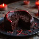An atmospheric scene of the Dark Dimension Devil's Food Cake displayed on a stone altar inside Dormammu's fiery lair, with swirling red and orange energy in the background, and a mystical portal glowing behind it, emphasizing the villain's malevolent power.