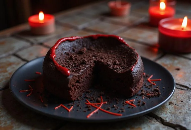An atmospheric scene of the Dark Dimension Devil's Food Cake displayed on a stone altar inside Dormammu's fiery lair, with swirling red and orange energy in the background, and a mystical portal glowing behind it, emphasizing the villain's malevolent power.