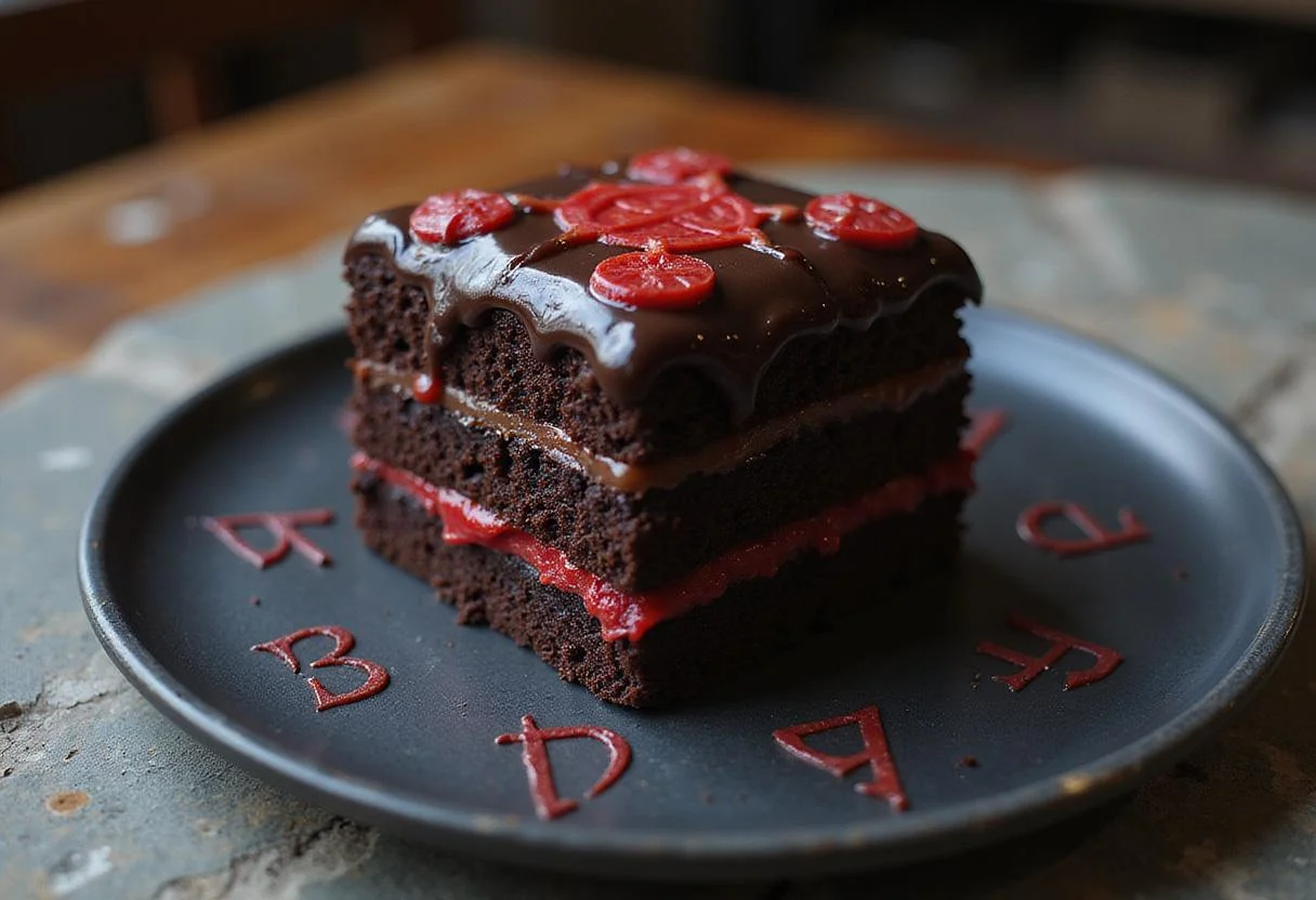 A detailed shot of Dormammu's Dark Dimension Devil's Food Cake placed atop a mystical stone altar, with flickering candles illuminating its dark surface, surrounded by arcane symbols and glowing red energy, capturing the ominous essence of the Marvel villain's domain.