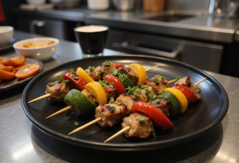 A close-up image of Marvel Elektra's Sai Skewers displayed on a sleek black plate, with vibrant grilled vegetables and perfectly cooked meat pieces. The background features a metallic kitchen countertop with Marvel superhero-themed decorations, highlighting a superhero food presentation inspired by Elektra from Marvel.