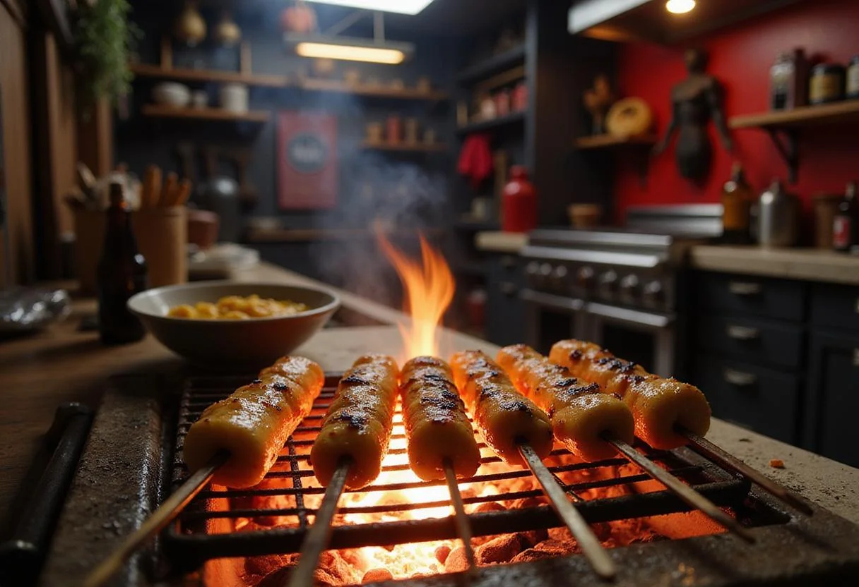 A vivid image of Elektra's Sai Skewers cooking on a grill with flames and glowing embers, set in a superhero-themed kitchen with red and black decor, capturing the moment of food being prepared in Elektra's hideout from Marvel.