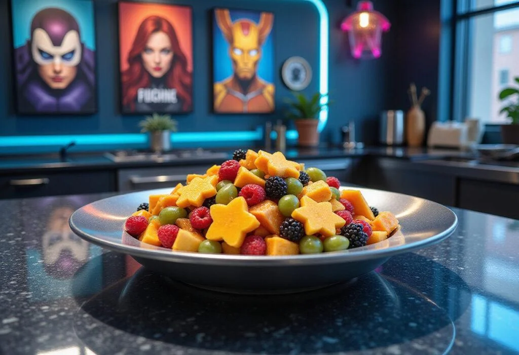 A detailed image of Marvel Eternals Cosmic Energy Fruit Salad in a modern, superhero-inspired kitchen setting. The fruit salad is arranged in a shiny, cosmic-themed bowl, with vibrant, fresh fruits like star-shaped mango slices and berries visible. The scene features colorful kitchen tools and Marvel posters, emphasizing a superhero healthy meal fit for the Eternals.