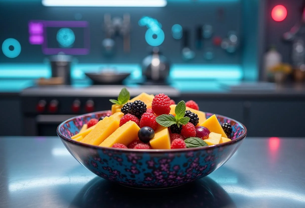 An immersive scene of Marvel Eternals Cosmic Energy Fruit Salad in a futuristic Marvel-inspired kitchen. The vibrant fruit mixture is in a metallic bowl, with sci-fi gadgets and Eternals insignia in the background. Bright, colorful lighting highlights the freshness of the tropical fruits, evoking a superhero healthy meal fitting for the Marvel universe.