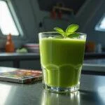 A vibrant, realistic image of Groot's Green Smoothie in a clear glass placed on a spaceship kitchen table, with Marvel Guardians of the Galaxy comics and a small Groot figure nearby, evoking a sci-fi environment and superhero theme.