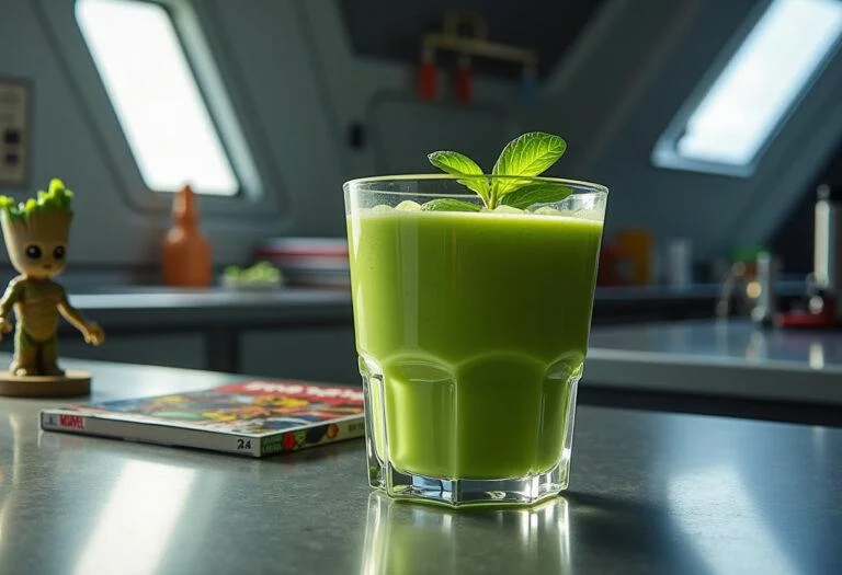 A vibrant, realistic image of Groot's Green Smoothie in a clear glass placed on a spaceship kitchen table, with Marvel Guardians of the Galaxy comics and a small Groot figure nearby, evoking a sci-fi environment and superhero theme.
