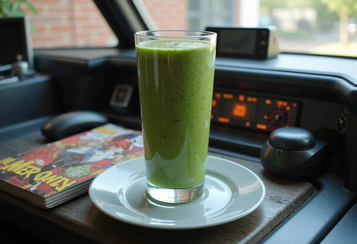 A realistic depiction of Groot's Green Smoothie in a tall glass on a spaceship dashboard, with Marvel Guardians of the Galaxy comics and sci-fi gadgets nearby, emphasizing a space adventure theme with vibrant green color.
