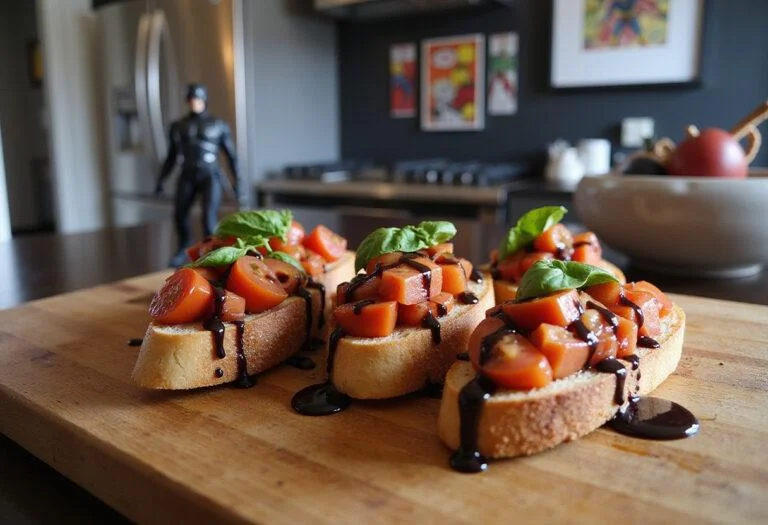 Close-up of Hawkeye's Bullseye Bruschetta arranged on a wooden platter, garnished with chopped herbs and balsamic reduction, with Marvel superhero decorations subtly visible in a kitchen setting.