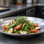 Close-up of Marvel High Evolutionary's Evolved Edamame Salad on a modern, high-tech kitchen table, with the dish arranged in a science-inspired bowl. The salad showcases bright edamame beans, slices of radish, cherry tomatoes, and a sprinkle of herbs. The scene captures a moment of reflection, with a futuristic device or holographic interface subtly visible nearby, emphasizing the superhero and scientific theme of the Marvel universe.