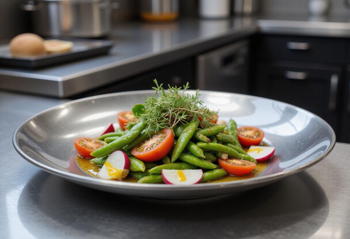 Close-up of Marvel High Evolutionary's Evolved Edamame Salad on a modern, high-tech kitchen table, with the dish arranged in a science-inspired bowl. The salad showcases bright edamame beans, slices of radish, cherry tomatoes, and a sprinkle of herbs. The scene captures a moment of reflection, with a futuristic device or holographic interface subtly visible nearby, emphasizing the superhero and scientific theme of the Marvel universe.