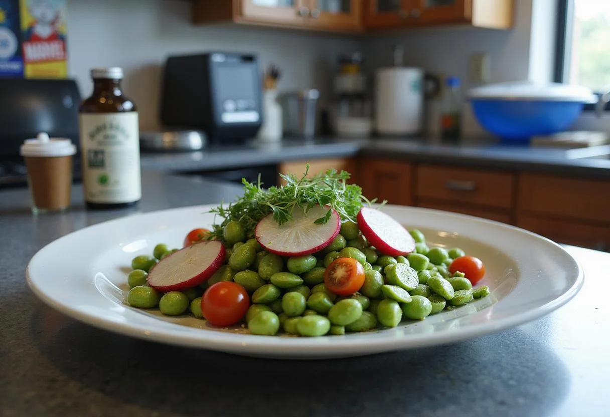 Detailed image of Marvel High Evolutionary's Evolved Edamame Salad in a laboratory setting, with scientific instruments and superhero posters in the background. The colorful, fresh vegetables are attractively arranged, emphasizing health and science-inspired design elements typical of a Marvel scientist's workspace.