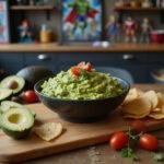 Close-up of a vivid green Hulk Smash Guacamole served in a bowl on a Marvel-themed kitchen counter. The dish is garnished with chopped tomatoes and cilantro, with superhero decorations in the background, showcasing a superhero snack inspired by Marvel's Hulk.