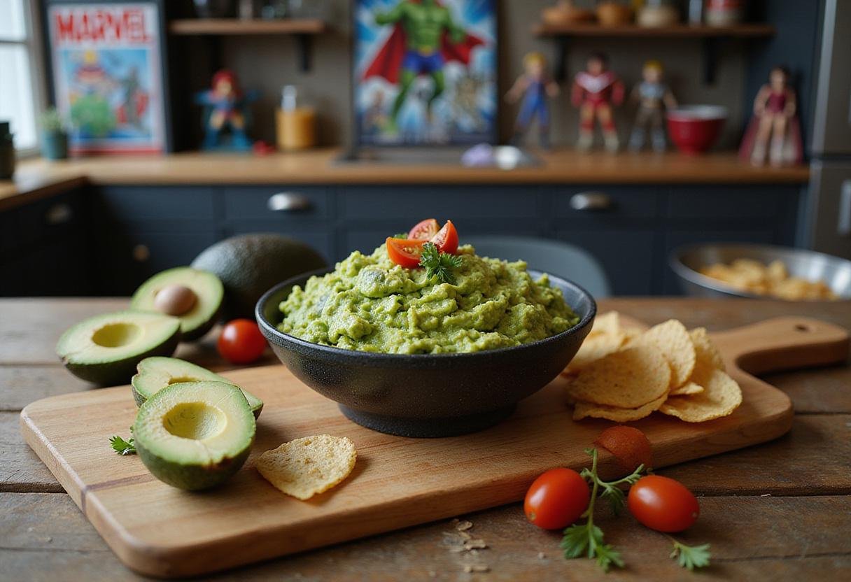 Close-up of a vivid green Hulk Smash Guacamole served in a bowl on a Marvel-themed kitchen counter. The dish is garnished with chopped tomatoes and cilantro, with superhero decorations in the background, showcasing a superhero snack inspired by Marvel's Hulk.