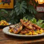 Close-up of Marvel Kraven the Hunter's Savannah Chicken plated with grilled chicken, herbs, roasted vegetables, and mango salsa, set on a wooden table with jungle-themed decor and Marvel collectibles, capturing a superhero-inspired culinary presentation.