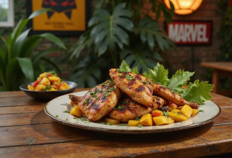 Close-up of Marvel Kraven the Hunter's Savannah Chicken plated with grilled chicken, herbs, roasted vegetables, and mango salsa, set on a wooden table with jungle-themed decor and Marvel collectibles, capturing a superhero-inspired culinary presentation.
