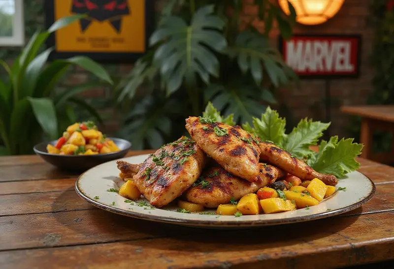 Close-up of Marvel Kraven the Hunter's Savannah Chicken plated with grilled chicken, herbs, roasted vegetables, and mango salsa, set on a wooden table with jungle-themed decor and Marvel collectibles, capturing a superhero-inspired culinary presentation.