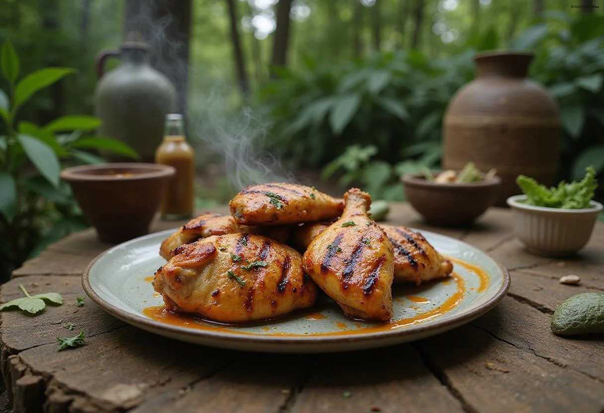 Imagery of Savannah Chicken served on a platter in a lush outdoor setting with jungle plants, evoking a Marvel-inspired adventure scene, highlighting the freshly grilled, flavorful chicken with colorfulSides, creating an immersive superhero culinary atmosphere.