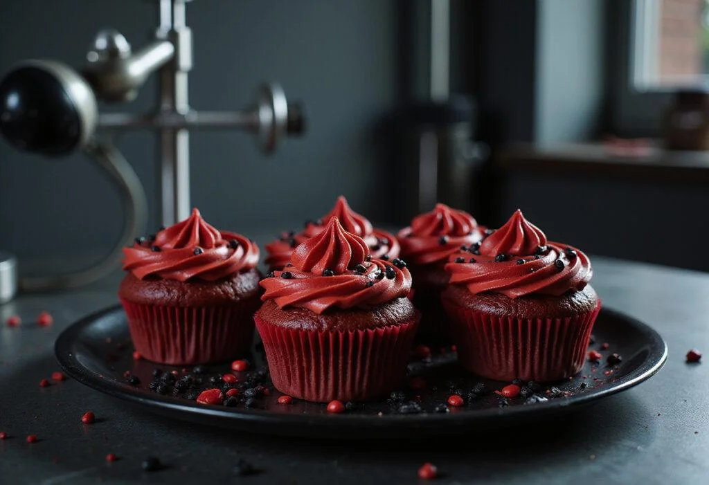 Marble-red velvet cupcakes with dark red frosting and vampire-themed sprinkles, presented on a black plate within a laboratory setting inspired by Marvel's Morbius, featuring metallic surfaces and scientific tools.