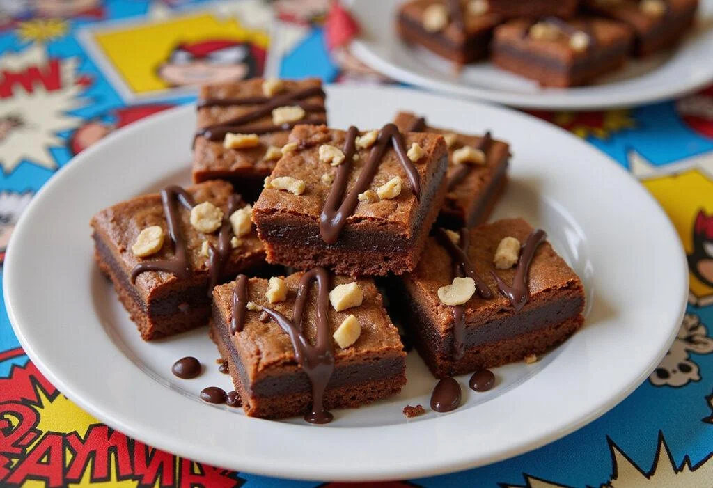 Close-up of Marvel Squirrel Girl's Nutty Brownies beautifully plated, with a vibrant Marvel-themed backdrop highlighting superhero motifs, featuring chewy brownies topped with nuts and chocolate drizzle, capturing the fun and energetic spirit of the character.