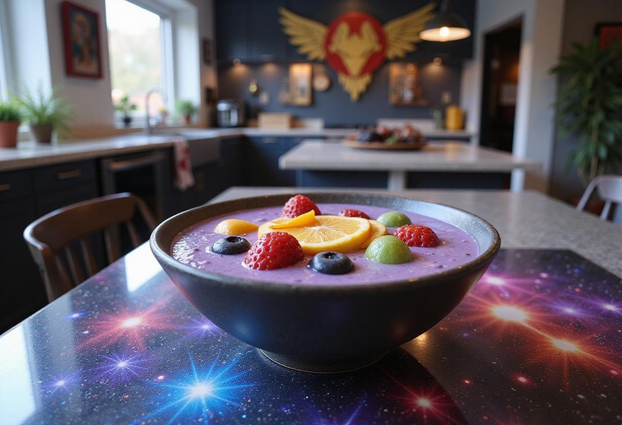 A detailed image of a Thanos' Infinity Stone Smoothie Bowl featuring bright, gemstone-like fruit toppings representing Infinity Stones, presented on a Marvel-inspired table with cosmic decorations, in a modern kitchen setting.