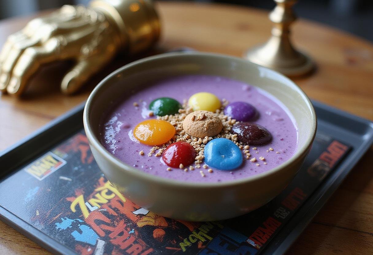 An image showcasing the vibrant Thanos' Infinity Stone Smoothie Bowl, artfully arranged with colorful fruit toppings resembling the Infinity Stones, presented on a Marvel-themed platter with iconic symbols and the Infinity Gauntlet subtly placed in the background, emphasizing its visual appeal as a Marvel healthy recipe.