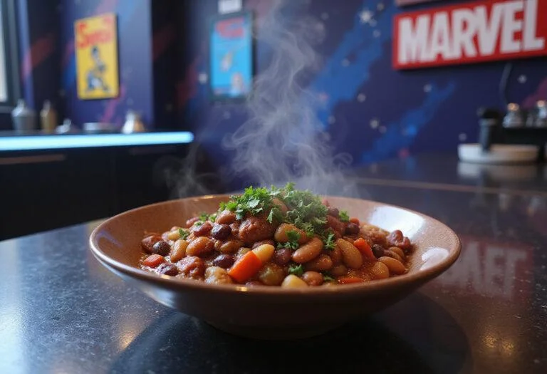A detailed image of Marvel The Watcher's Cosmic Commentary Chili presented in a bowl on a sleek, sci-fi inspired kitchen countertop. The chili appears hearty and flavorful, with visible ingredients and a rich, spicy color palette. Cosmic-themed elements and Marvel memorabilia enhance the scene's connection to the Marvel universe.