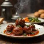 Close-up of Thor's Mighty Mjolnir Meatballs plated on a Viking-style platter with decorative runes. The meatballs are arranged neatly with a rich, flavorful sauce drizzled over them, garnished with fresh herbs. The background hints at Asgard with glowing runes and a hint of Asgardian architecture, creating a mythical and legendary setting.