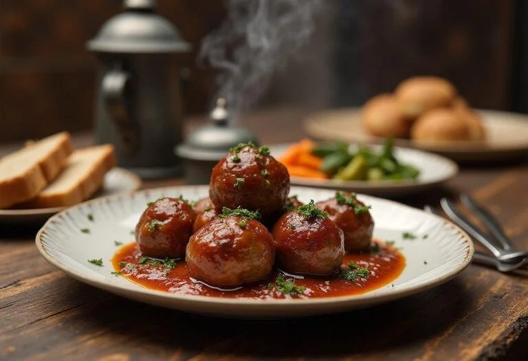 Close-up of Thor's Mighty Mjolnir Meatballs plated on a Viking-style platter with decorative runes. The meatballs are arranged neatly with a rich, flavorful sauce drizzled over them, garnished with fresh herbs. The background hints at Asgard with glowing runes and a hint of Asgardian architecture, creating a mythical and legendary setting.