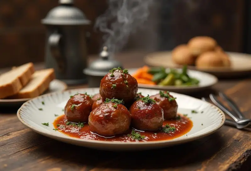 Close-up of Thor's Mighty Mjolnir Meatballs plated on a Viking-style platter with decorative runes. The meatballs are arranged neatly with a rich, flavorful sauce drizzled over them, garnished with fresh herbs. The background hints at Asgard with glowing runes and a hint of Asgardian architecture, creating a mythical and legendary setting.