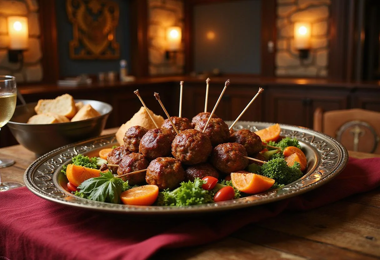 A wide shot of an Asgardian feast with a focus on a large platter of Thor's Mighty Mjolnir Meatballs hot and ready to serve. The meatballs are displayed among side dishes on a decorative, Norse-inspired tray, with a backdrop of shining banners and ancient stone architecture, creating an immersive scene in Asgard’s royal hall.
