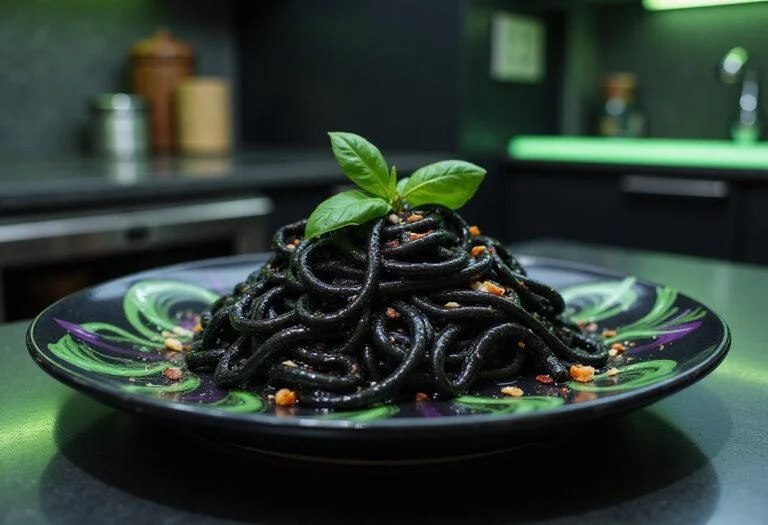 A detailed image of Venom's Symbiote Slime Pasta served on a dark plate in a contemporary kitchen setting. The black pasta has a shiny, slimy appearance, resembling symbiote tendrils, with colorful garnishes like basil and chili flakes. The scene is illuminated with greenish lighting, creating a superhero-inspired atmosphere, perfect for Marvel fans.