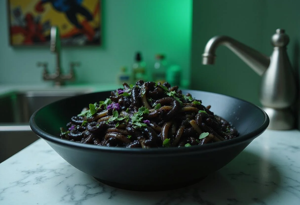 A vivid scene of Venom's Symbiote Slime Pasta in a bowl on a marble kitchen countertop, surrounded by Marvel-themed decorations. The pasta has a shiny black, slimy appearance with colorful green and purple garnishes, giving a sense of being part of a superhero universe. The atmospheric lighting evokes the dark and mysterious world of Venom.