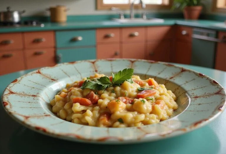A realistic scene of WandaVision Reality Warp Risotto served on a vintage plate in a 1950s-inspired kitchen setting. The dish has vibrant, swirling colors and is garnished with herbs, evoking the show's retro-futuristic style and visual warp effects.