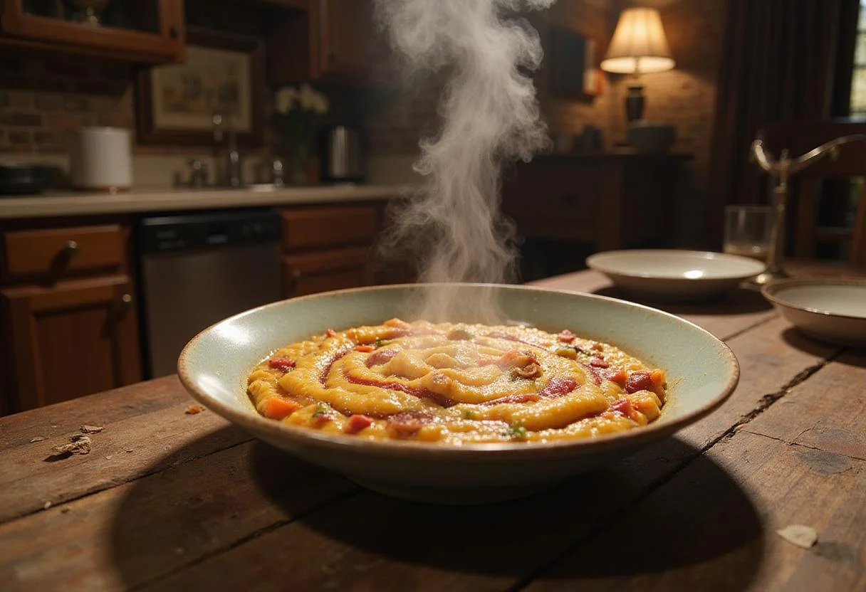 A scene of WandaVision Reality Warp Risotto placed on a rustic table within a vintage-style kitchen, with nostalgic decor in the background. The colorful, swirling risotto appears freshly cooked, with steam rising, capturing the show's theme of reality shifting.