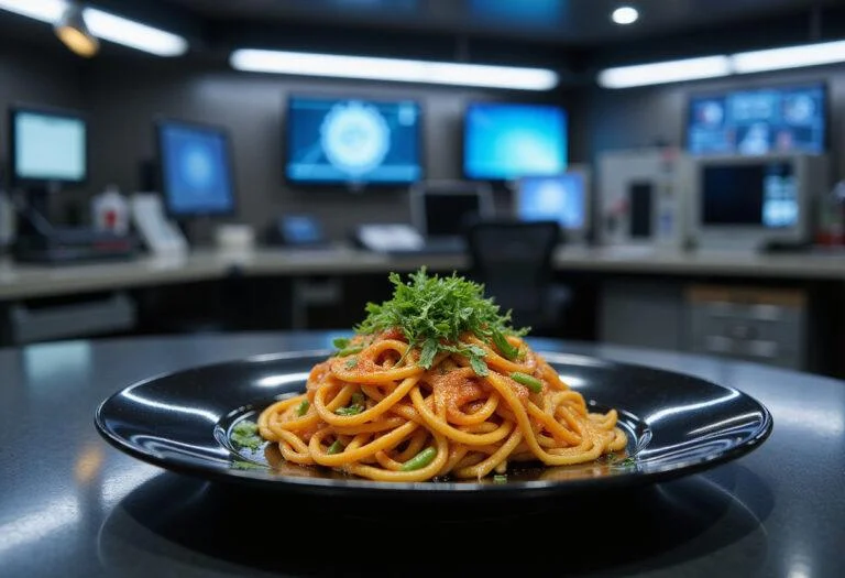 Close-up of Agent H's Neuralyzer Noodles plated on a modern black dish, surrounded by sci-fi elements like glowing monitors and metallic surfaces, reflecting the futuristic style of Men in Black and the Agent H character.