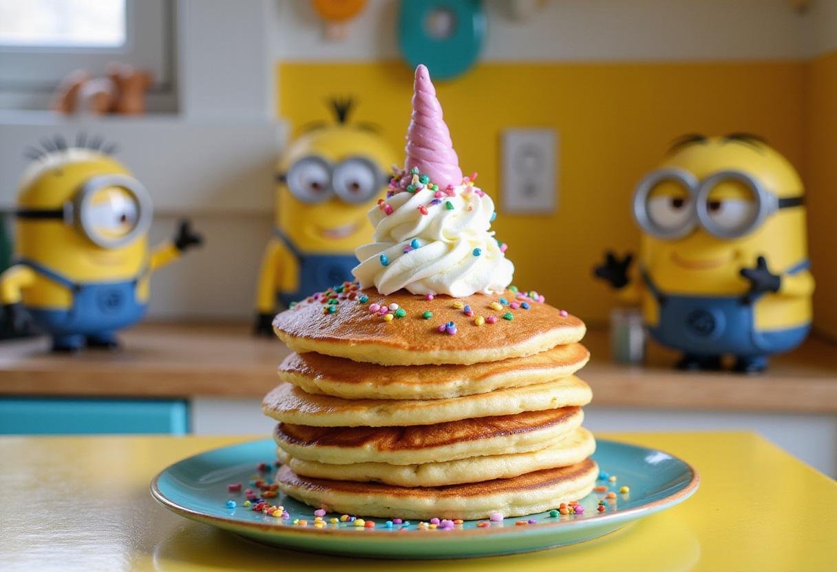 A realistic image of Agnes's fluffy unicorn pancakes on a bright kitchen counter, decorated with rainbow sprinkles, whipped cream, and a cute unicorn topper, set in a cheerful Minions-themed kitchen with yellow and blue decor, creating a fun kids' breakfast scene.