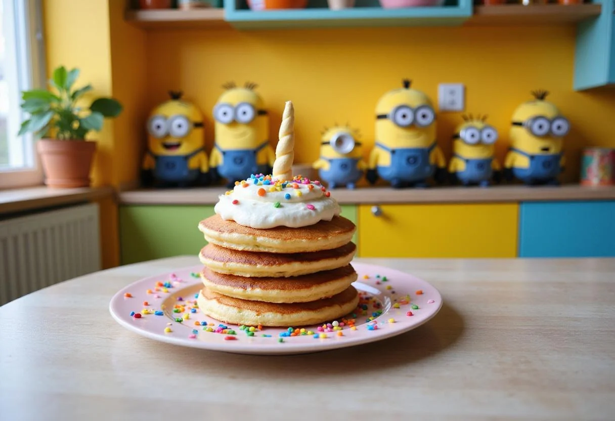 A cheerful kids' breakfast scene in a bright Minions-themed kitchen, featuring a stack of fluffy unicorn pancakes topped with rainbow sprinkles and whipped cream, set on a colorful plate, creating a fun and inviting scene for children.