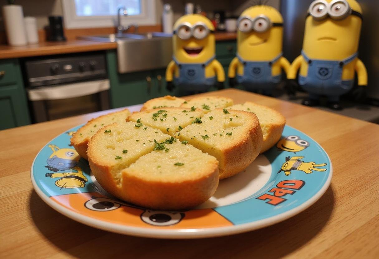 Close-up of Minions Gru's G-Force Garlic Bread on a colorful cartoon-themed plate, showing golden, crispy garlic bread topped with herbs, in a playful kitchen setting inspired by the Minions movie, with bright decor and Minions plush toys nearby.