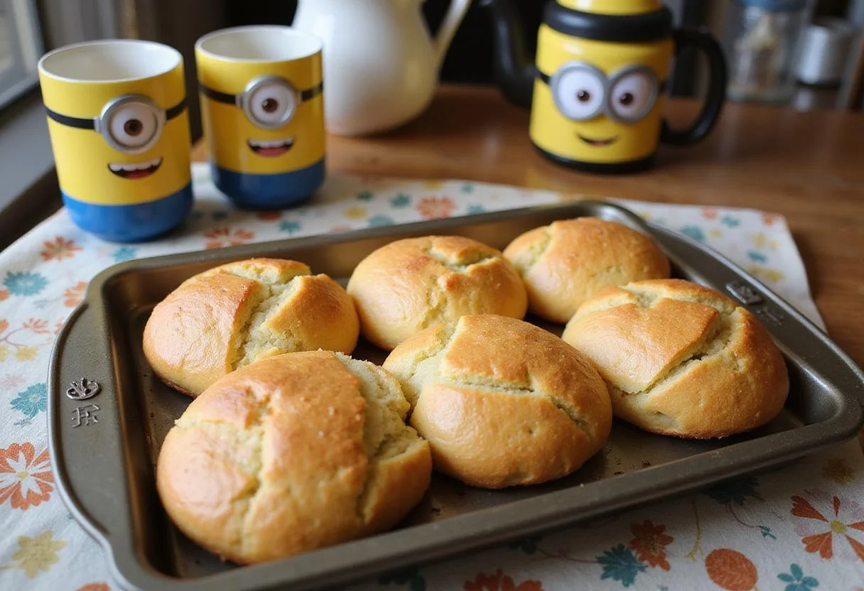 Freshly baked Minions Gru's G-Force Garlic Bread cooling elegantly on a rustic wooden countertop, surrounded by cheerful Minions-themed mugs and playful kitchen utensils, beautifully capturing a vibrant, family-centric cooking experience straight from the beloved Minions universe.