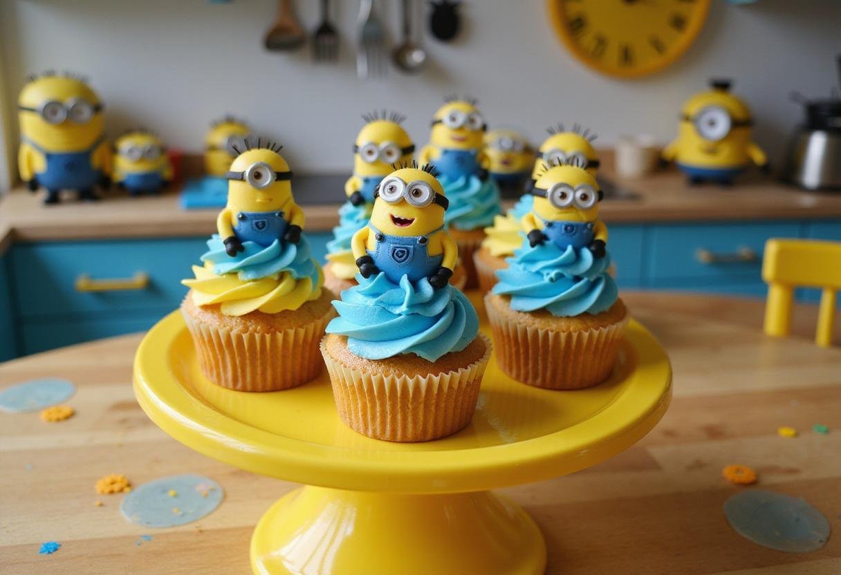 Close-up of Kevin King Bob cupcakes decorated with Minions faces and bright yellow frosting, displayed on a yellow cake stand in a cheerful kitchen inspired by the Minions movie, with themed decorations around them.